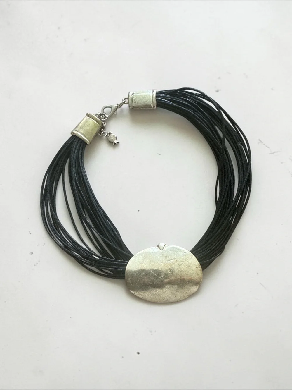 Vintage Handmade Black Waxed Leather Necklace with Hammered Silver Pendant